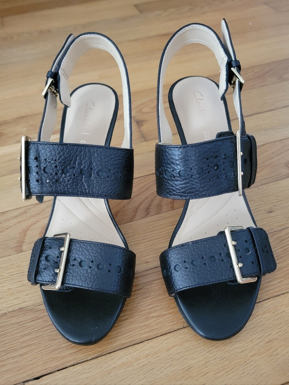 Clarks "Dalia Erica" black leather heeled sandals